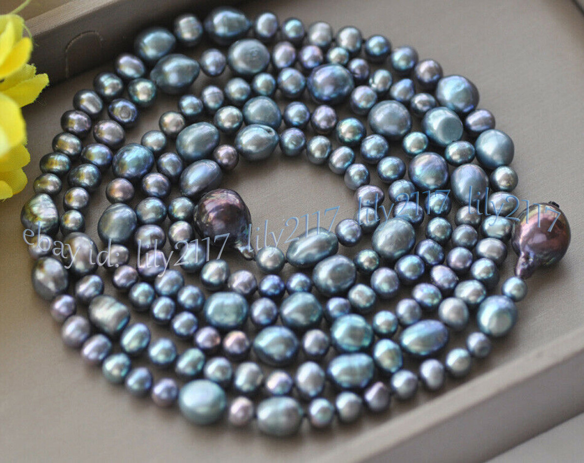7-8mm 9-10mm Round Baroque Peacock Black Freshwater Keshi Pearl Necklace 50”