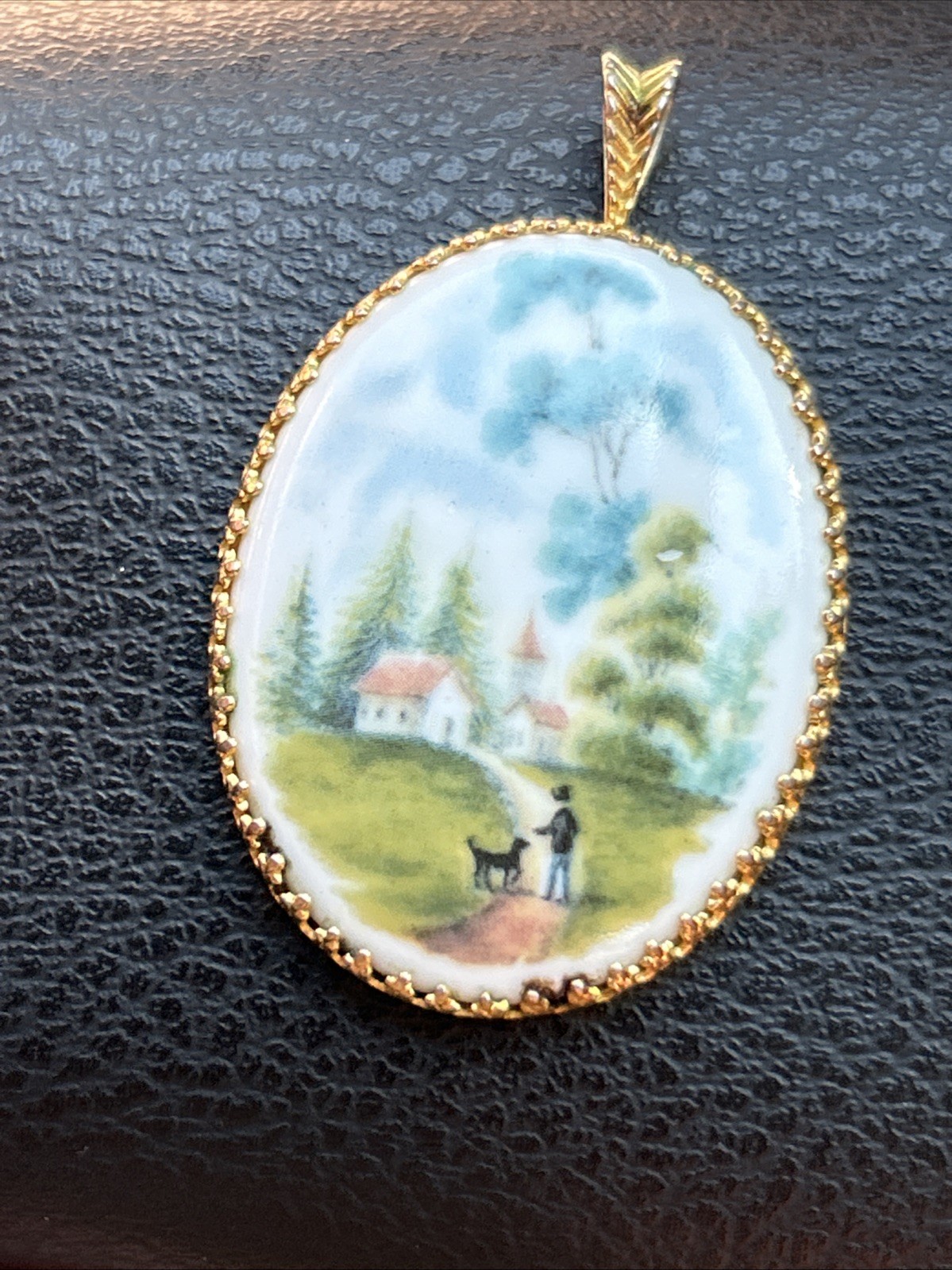 Vintage Pendant Porcelain Hand Painted Scene Boy & Dog Kaiser West Germany