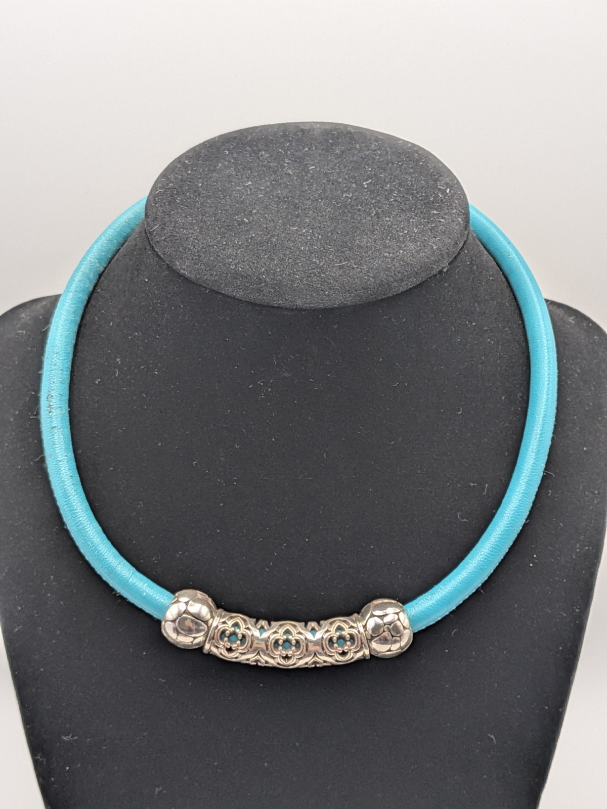 Brighton Faux Turquoise Leather Silver Beads Choker Necklace 15.5 Inches