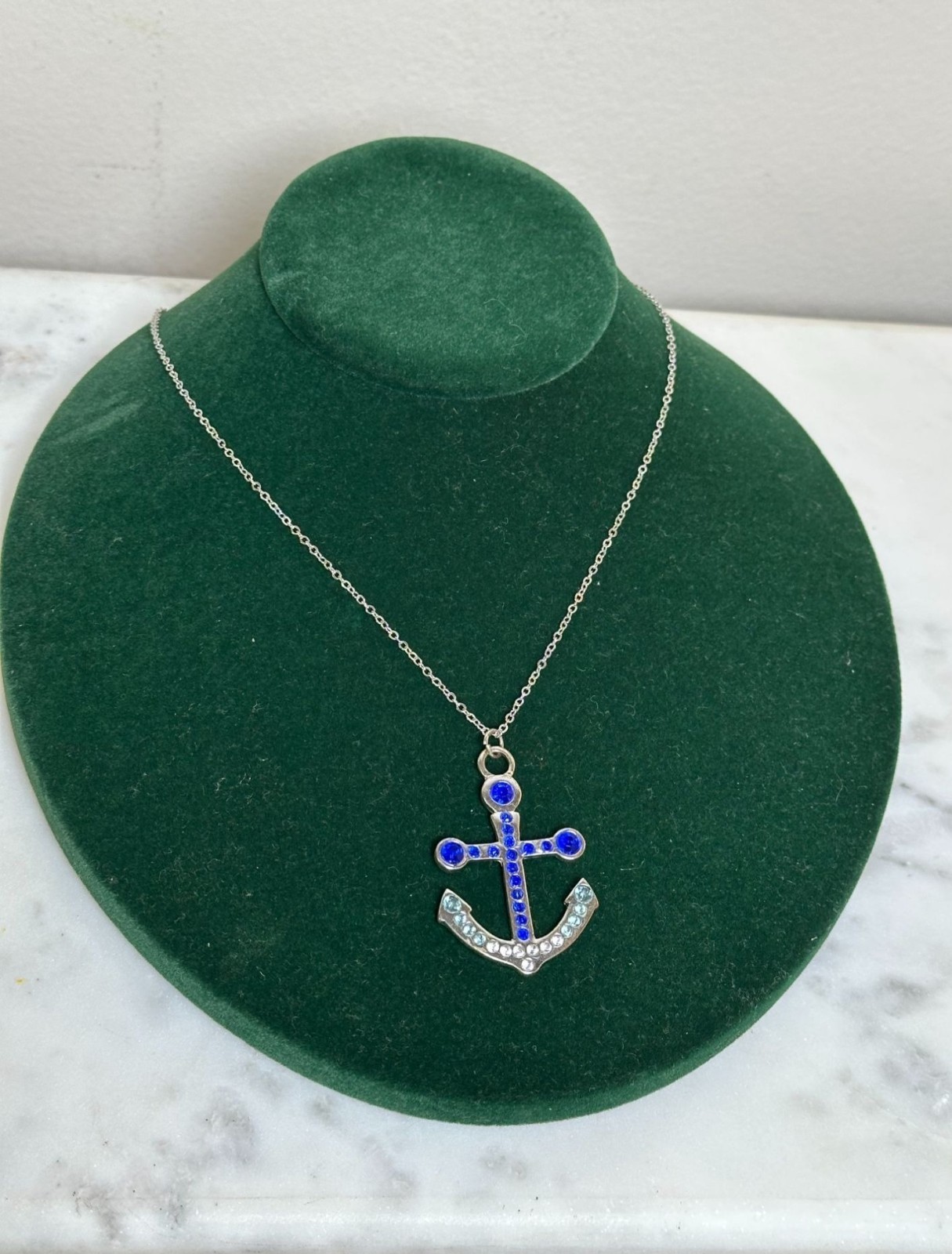 Blue Rhinestone Anchor Pendant Necklace Silver Tone Nautical Coastal Jewelry