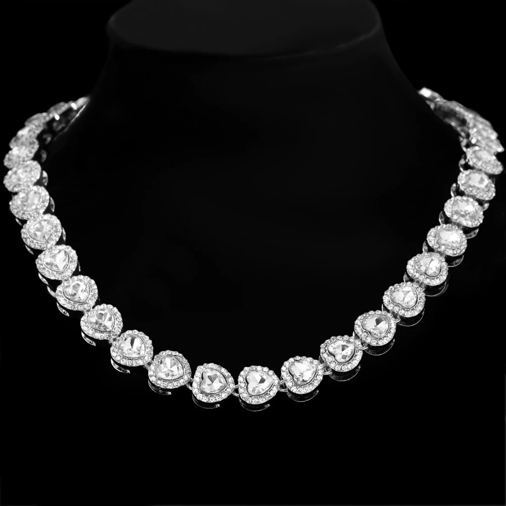 Diamond Paved Crystal Heart Cuban Link Chain Necklace for Women Hip Hop Iced Ou