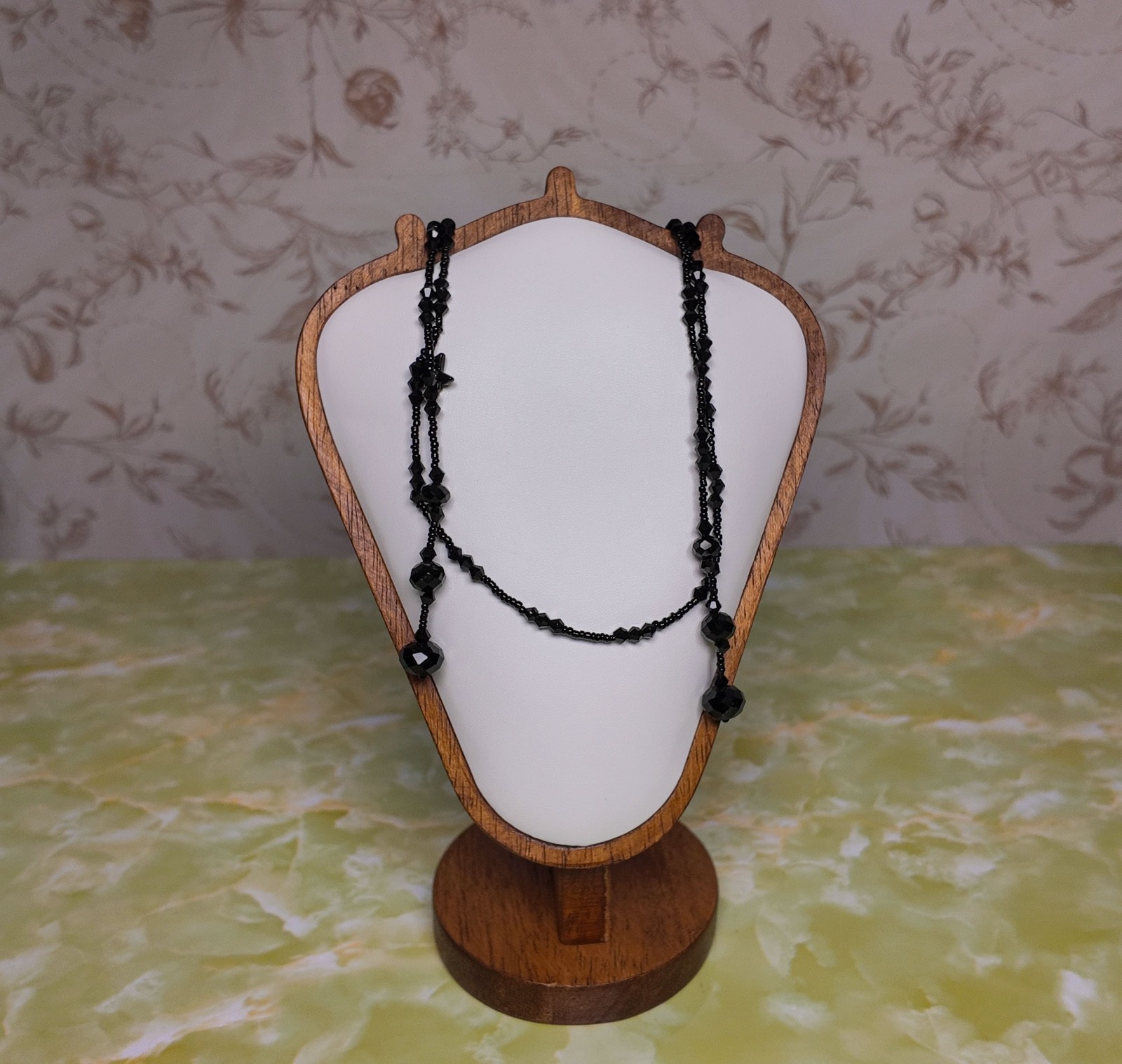 Black Glass Beaded Lariat Necklace, Flapper Style, 58in, No Clasp