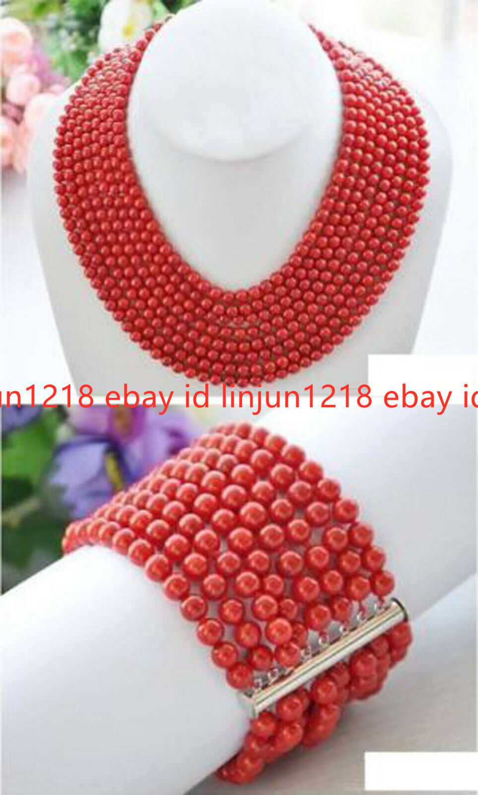 Real Narutal 8 Row 6mm Red Round Coral Bead Necklace & Bracelet 17-24 in