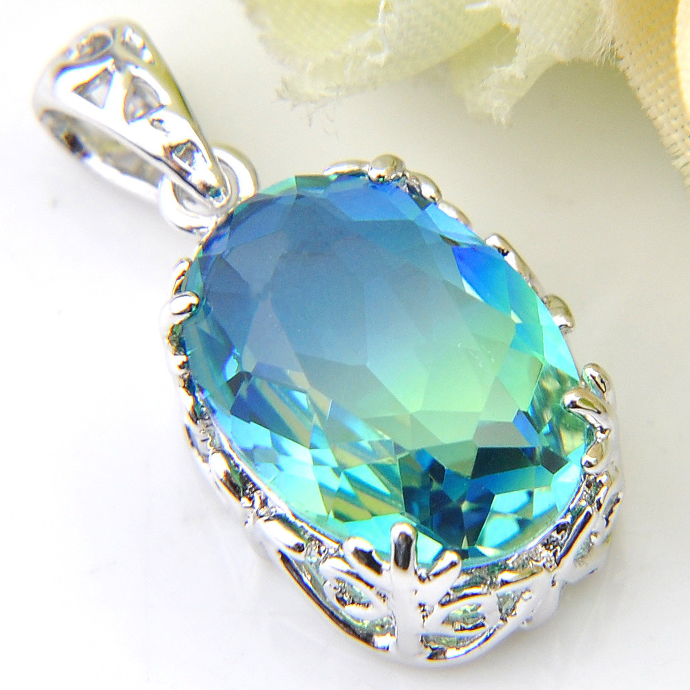 Summer Holiday Shiny Bi-Colored Tourmaline Gemstone Silver Necklace Pendants