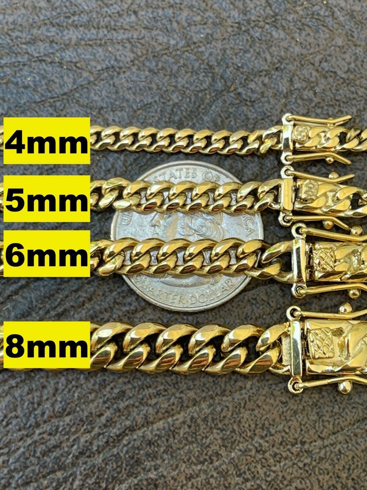 Cadena CUBANA o Pulsera De ACERO INOXIDABLE Bañado En Oro 14K en tamaños 4-14mm