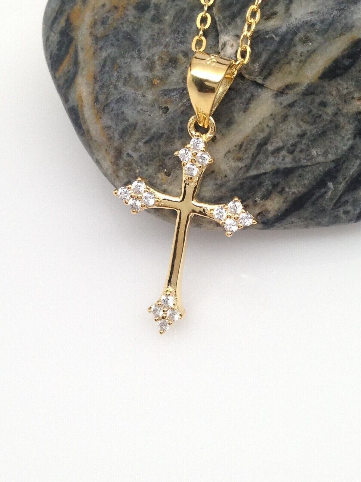 925 Sterling Silver Tiny Cz Cross Gold Pendant Necklace Womens 17mm/0.67″ 16-18″