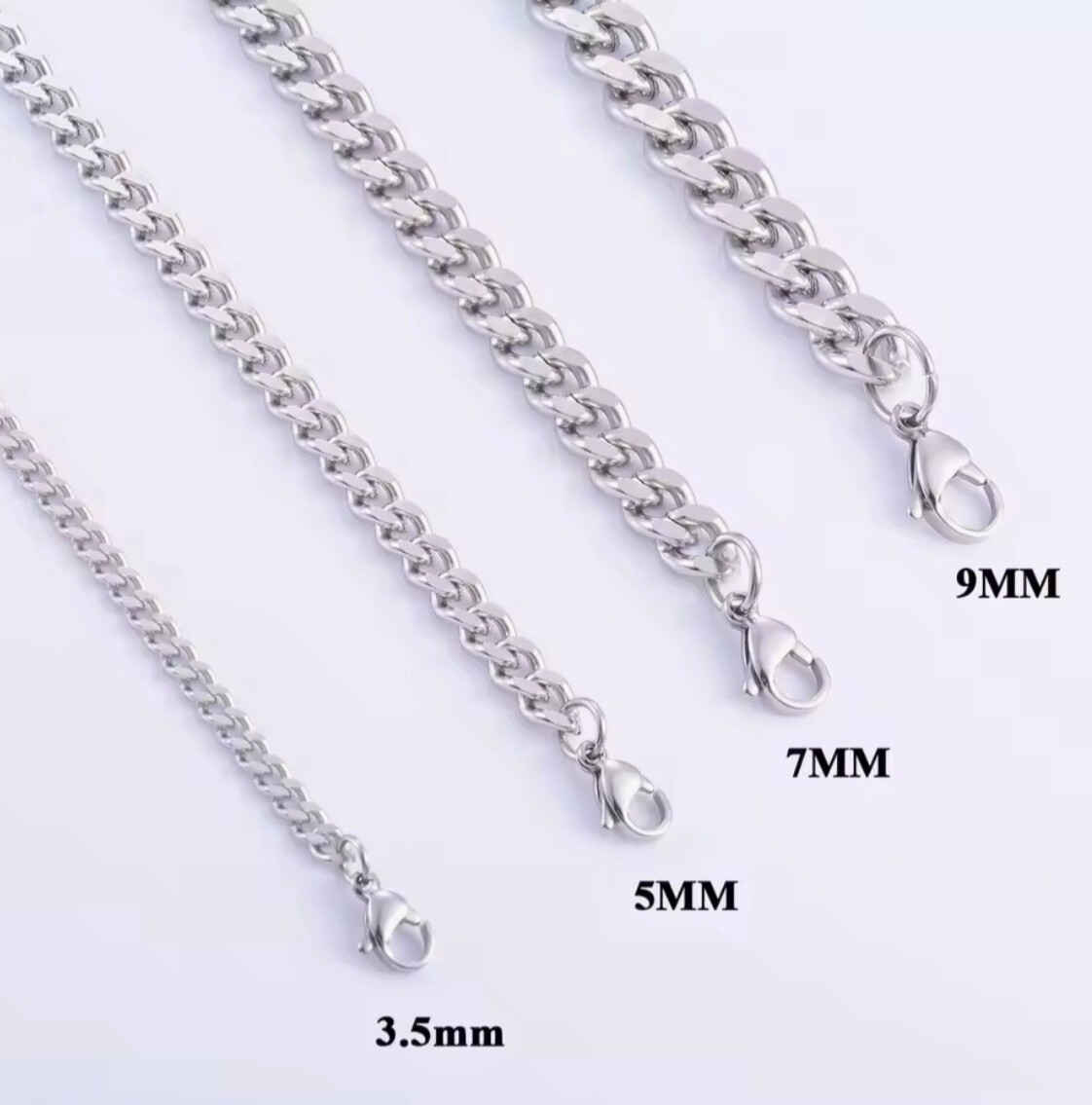 Stainless Steel Silver Tone Cuban Link Curb Chain Necklace 3.5–9mm 16–30in