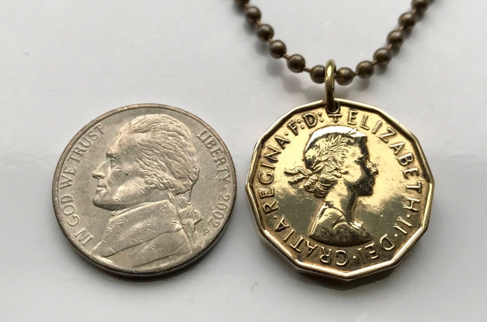 1960 England Britain 3 Pence coin pendant Tudor portcullis castle London n000415