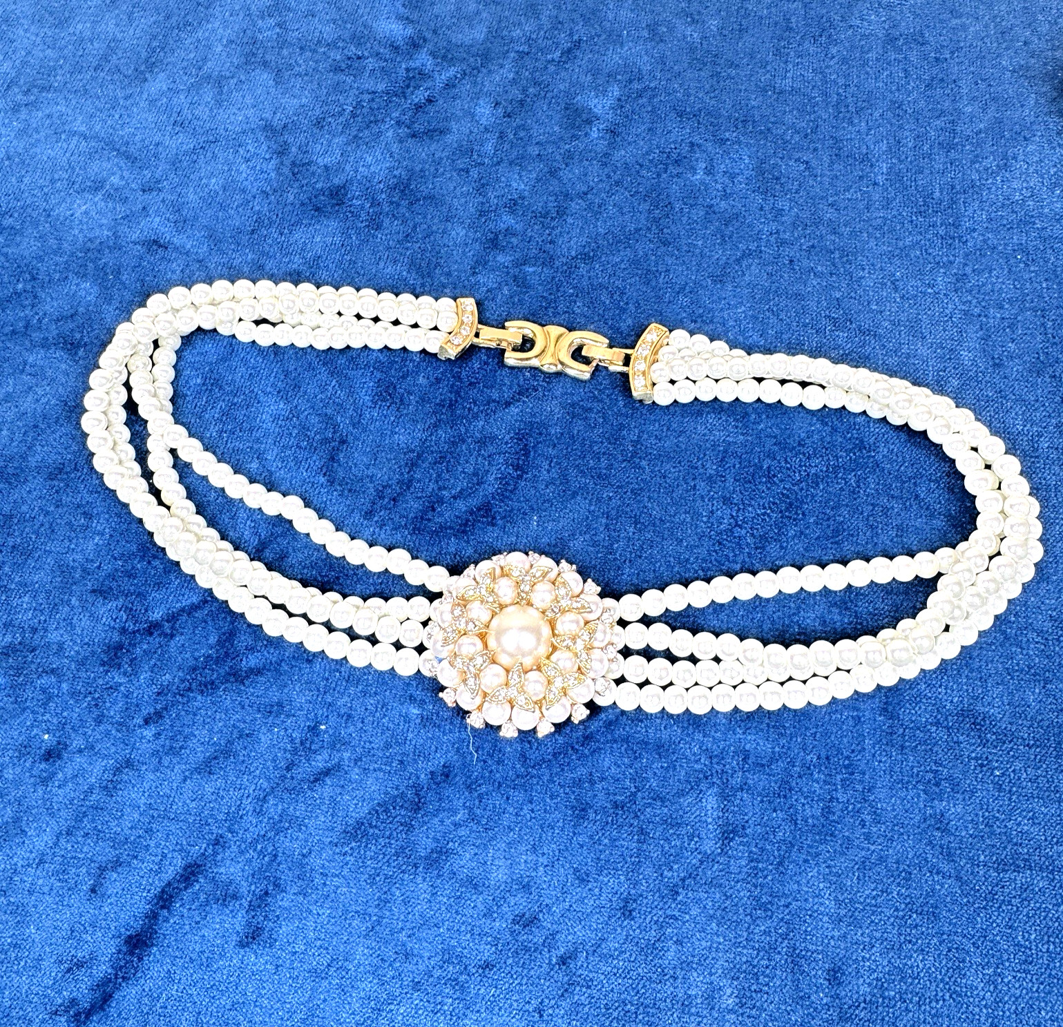 Faux Pearl Multi Strand Choker Necklace Gold Tone Floral Cluster Costume Jewelry