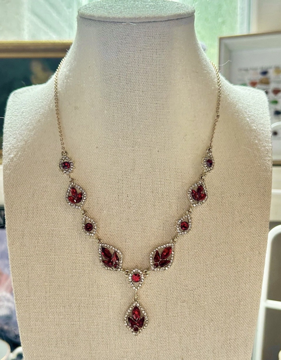 Marchesa Gold Tone Red Crystal Pavé Teardrop Pendant Necklace Lobster Clasp