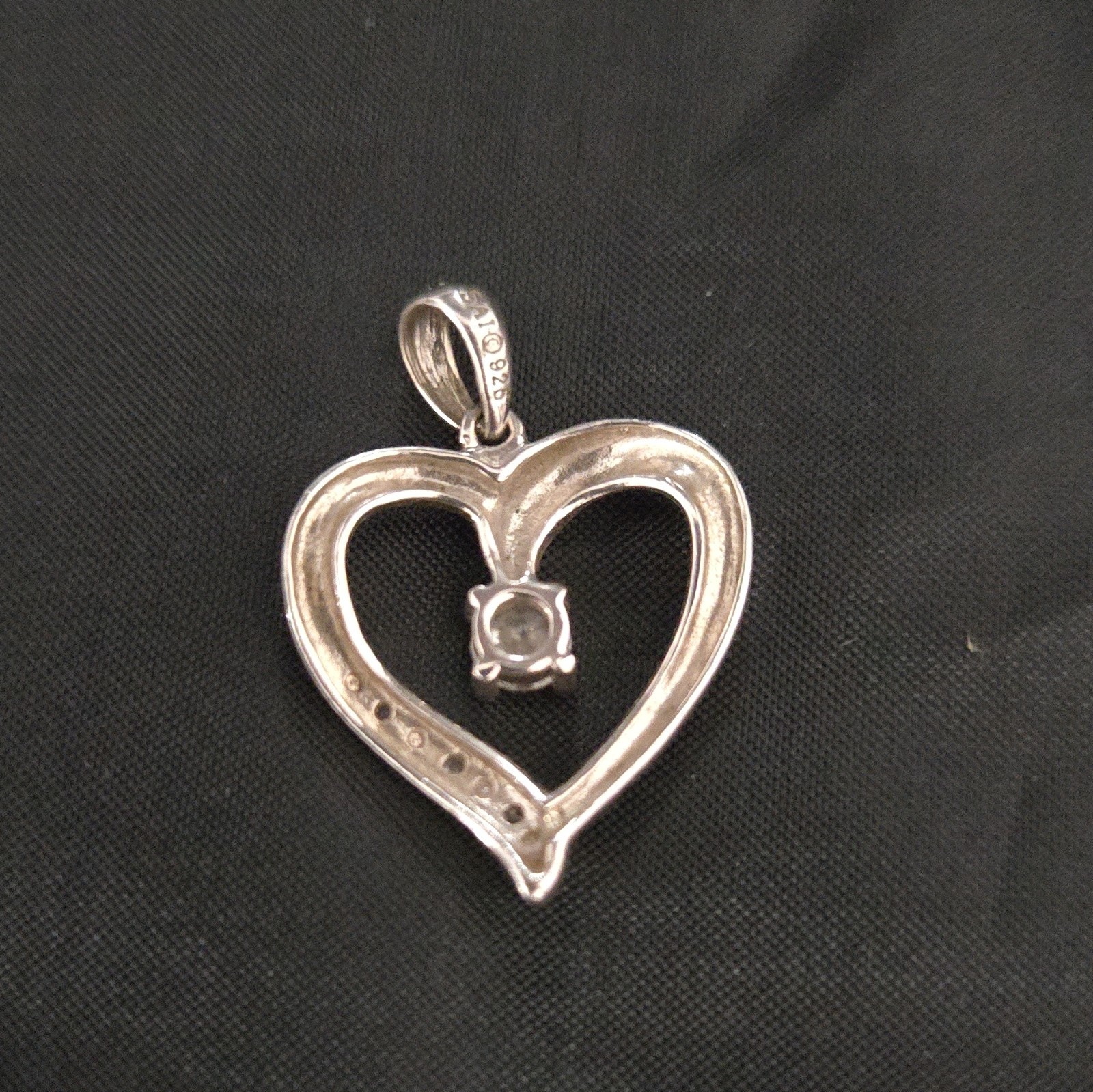 Sterling Silver 925 Heart Charm Pendant White/Colorless Round Stone Signed