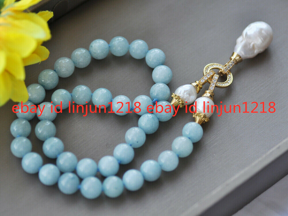 10mm Blue Amazonite White Natural Edison Baroque Pearl Pendant Necklace 18”