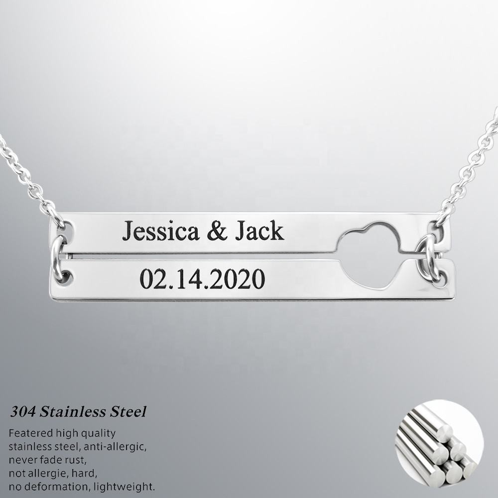 Personalized Double Bar Pendant with Heart Necklace Custom Made with 2 Names