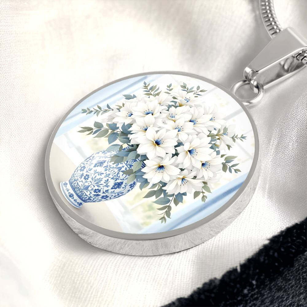 Engraved Floral Pendant Necklace Delft Blue Vase