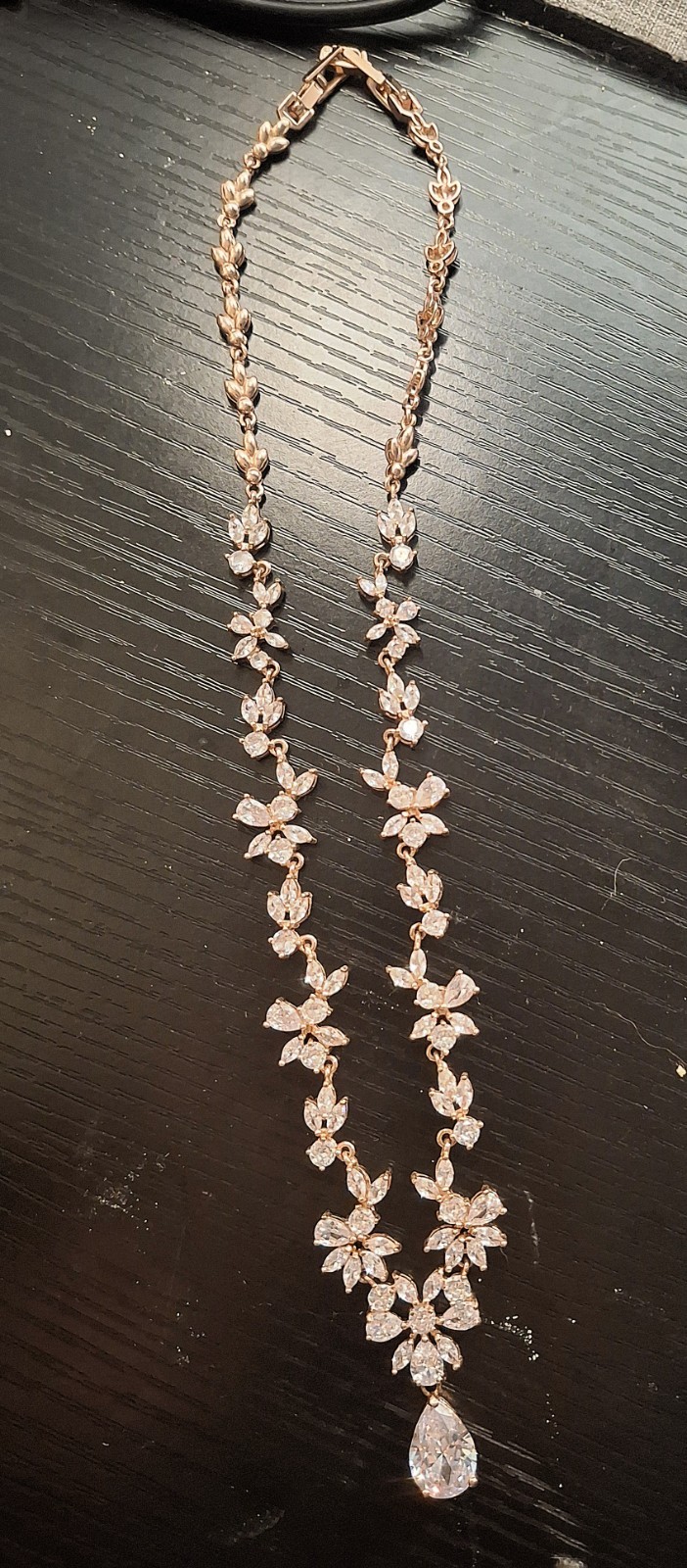 Gold Tone Floral Rhinestone Necklace Teardrop Charm Pendant White/Colorless