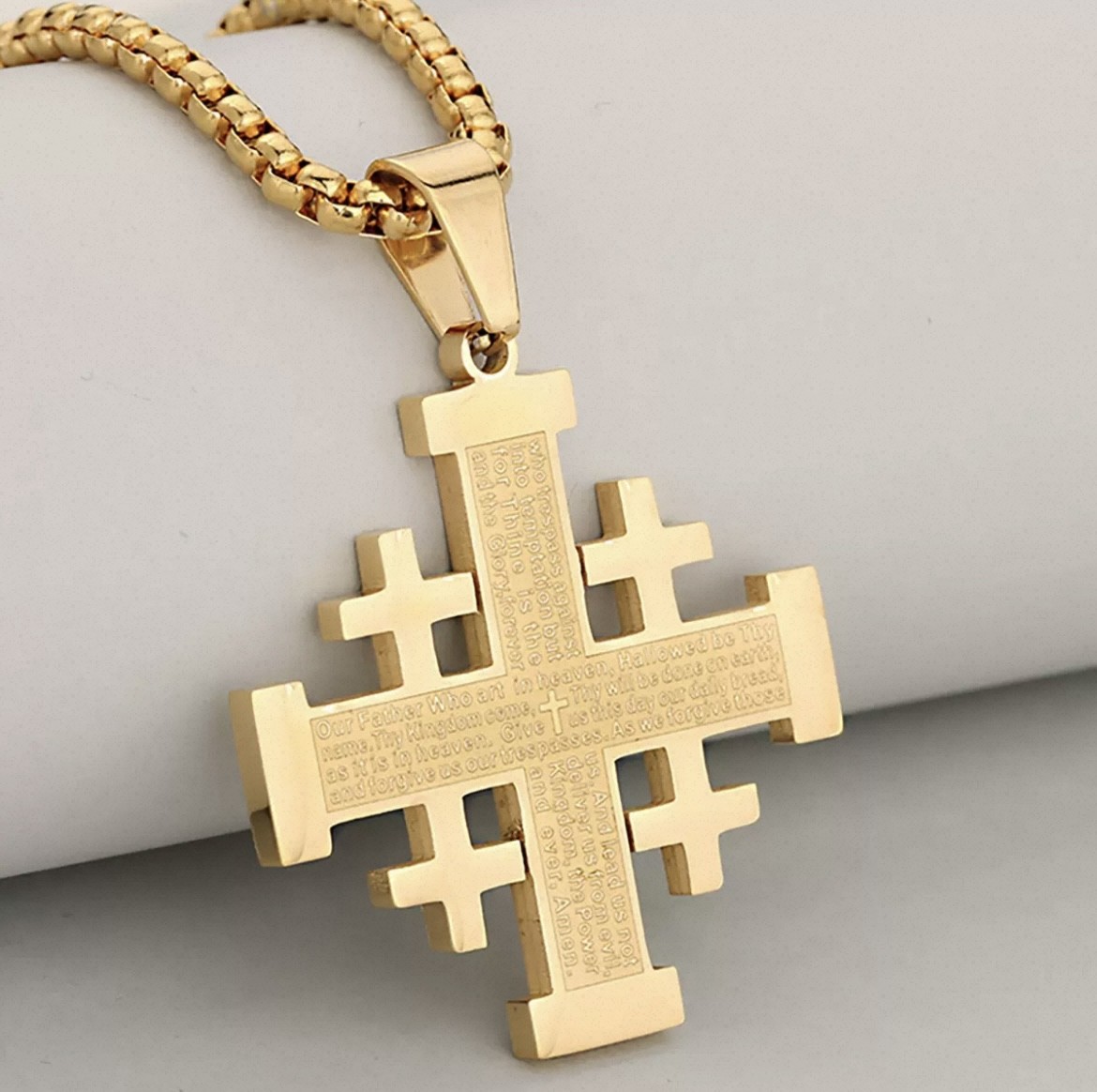 Gold Christianity Jerusalem Cross Pendant Necklace Stainless Steel Chain Classic
