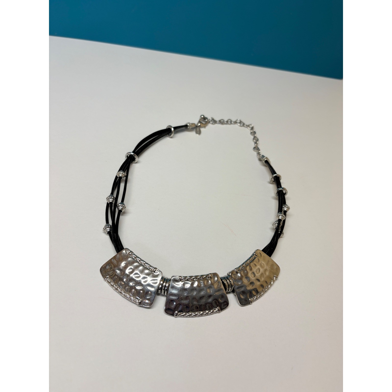 Chicos Mixed Metal Hammered Bib Statement Necklace Black Multi Strand Cord