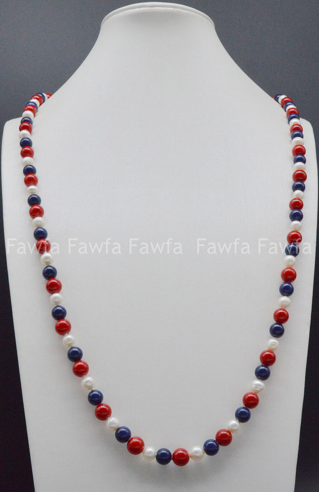 6-7mm White Pearl 8mm Red Coral Blue Lapis lazuli Round Beads Necklace 16-100”