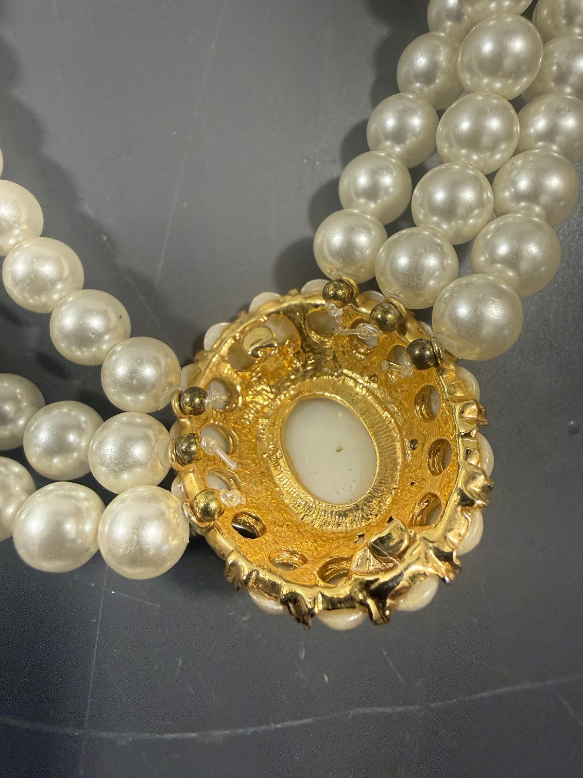 Vintage Triple Strand Faux Pearl Necklace Gold Tone Multi-Color Rhinestone