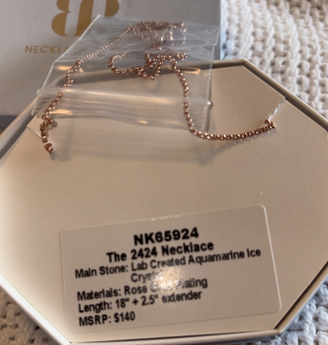 BP 2424 Necklace LC Aquamarine Ice Crystal Rose Gold NK65924 NIB Beautiful