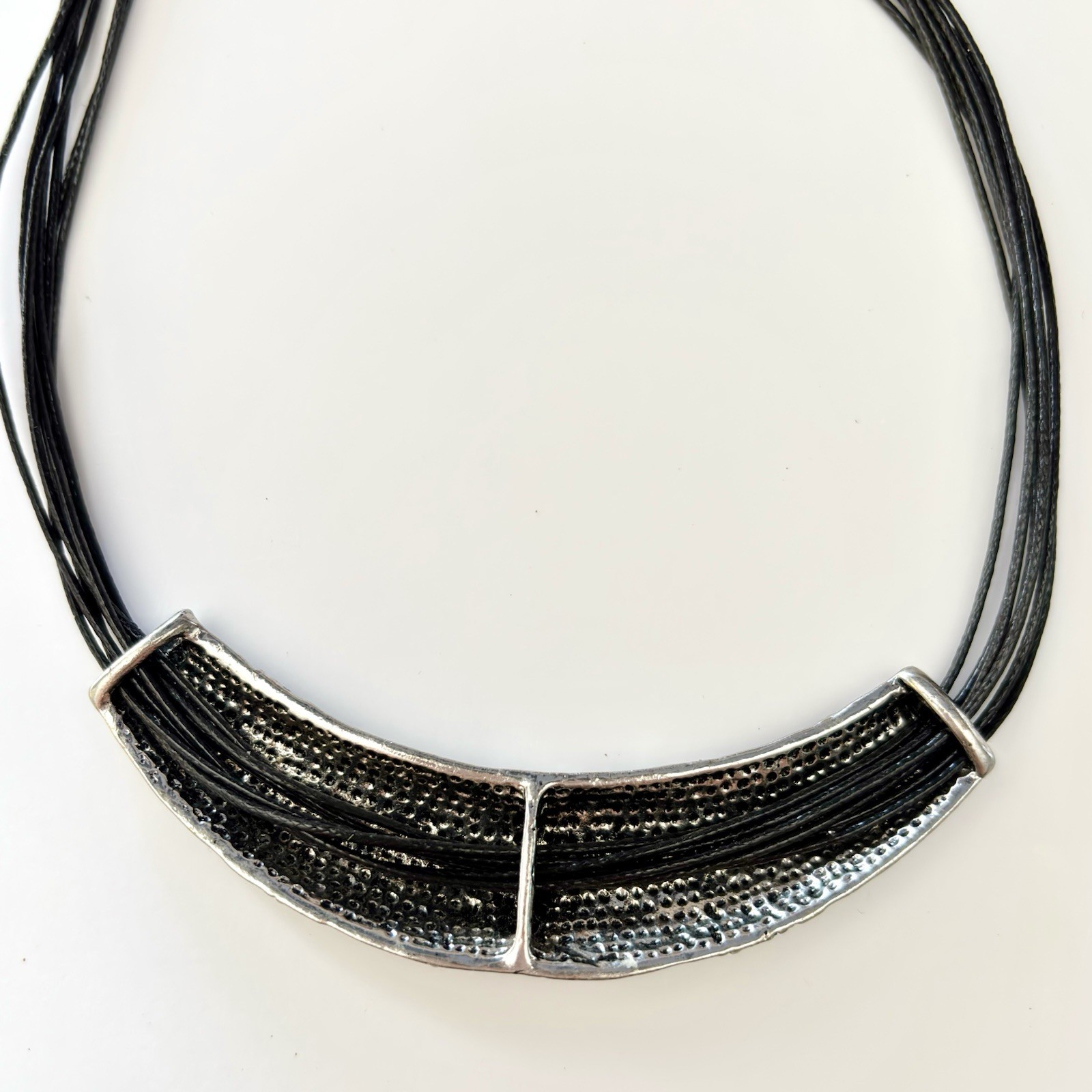 Choker Necklace Adjustable Multi Strand Black Cord Engraved Silver Toned Accent