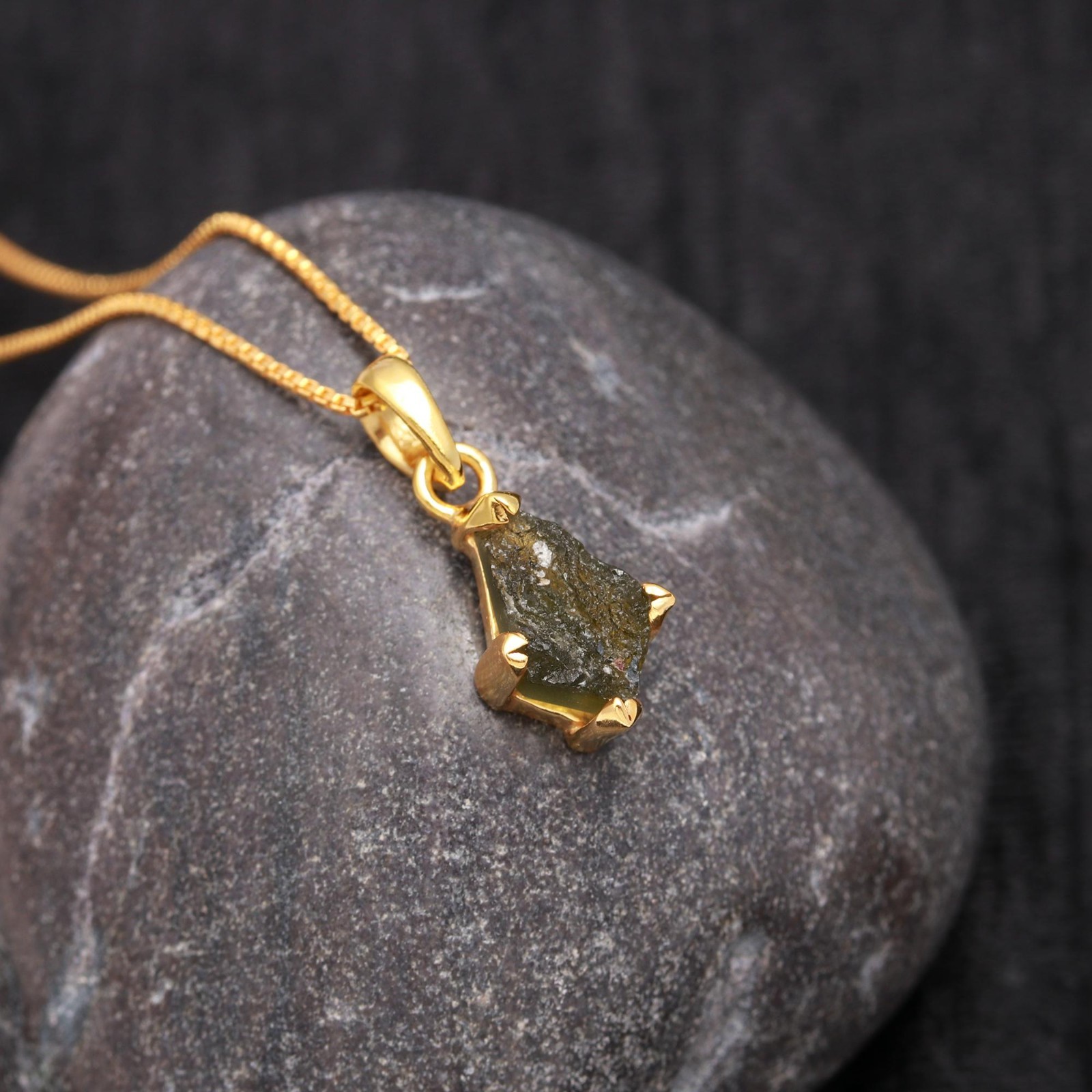 Rough Moldavite Kite Chain Pendant Gold Plated Solid Silver Handmade Jewelry