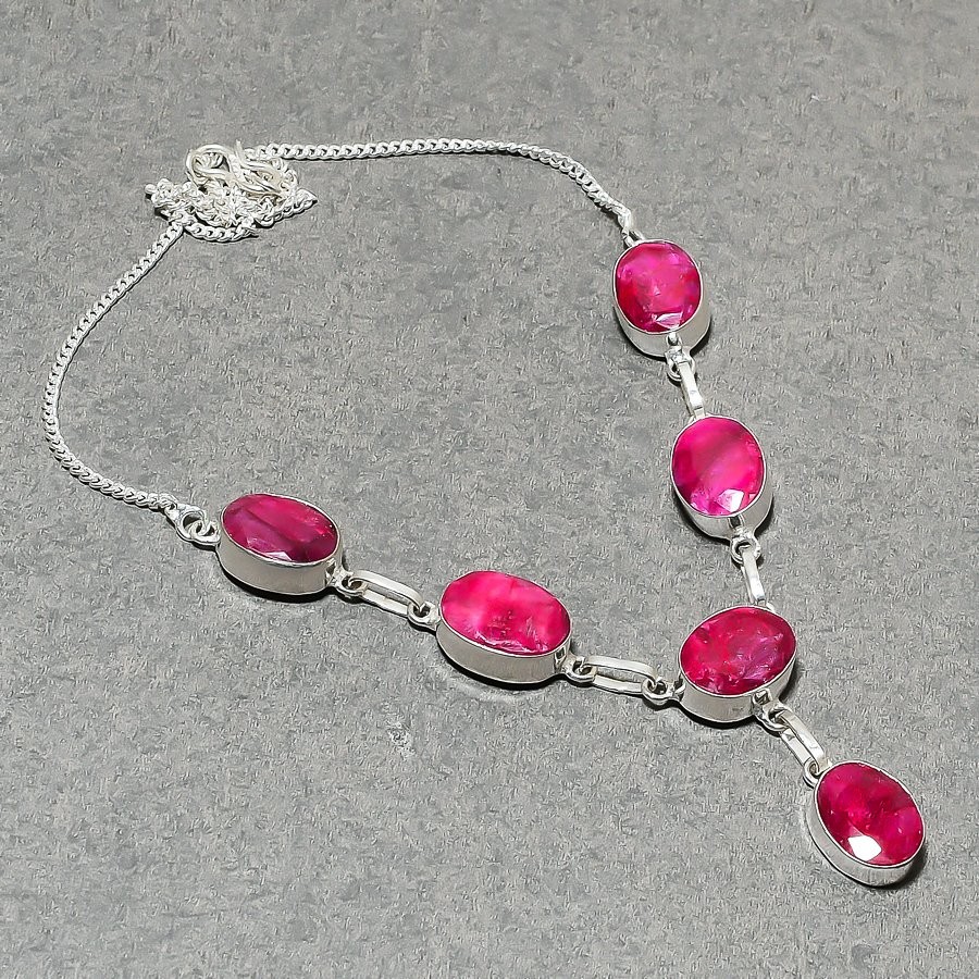 Kashmiri Ruby Oval Shape Gemstone Necklace Adjustable Chain Handmade Jewelry 18″