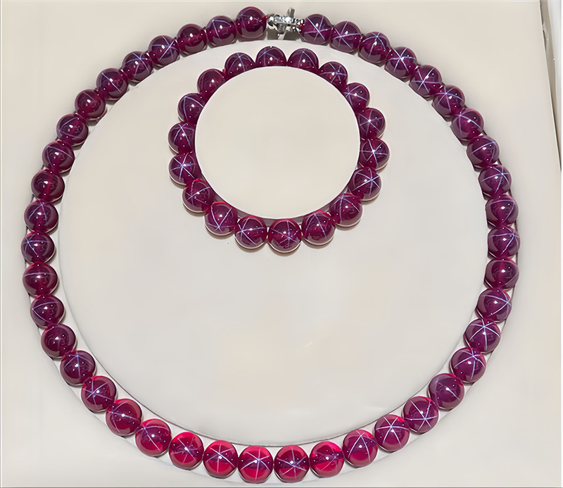 Top Lab-Created AAA+Pigeon Blood Red Star Ruby Round Bead Ruby Bracelet Necklace