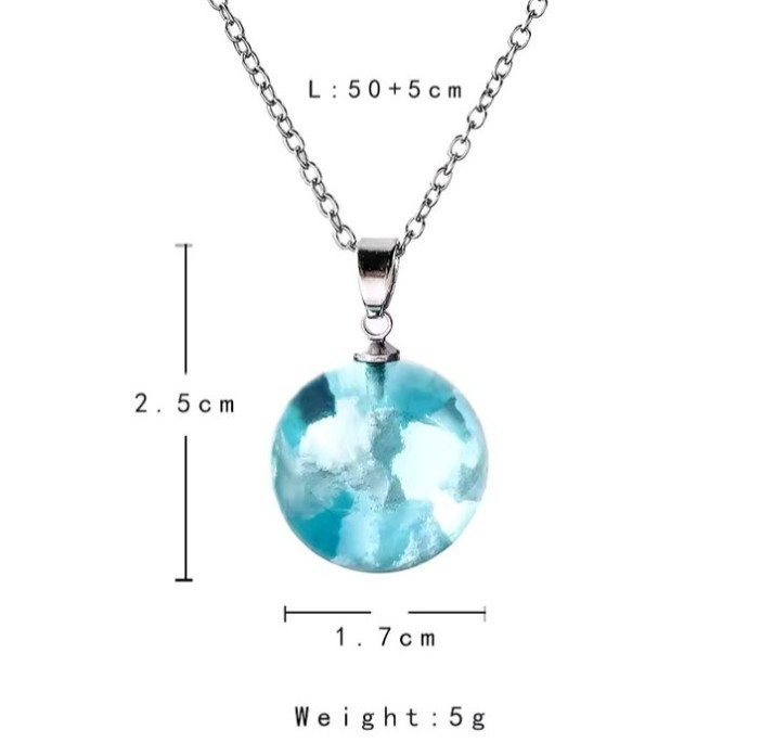Blue Sky White Cloud Resin Ball Pendant Necklace Round Chain Gift for Women