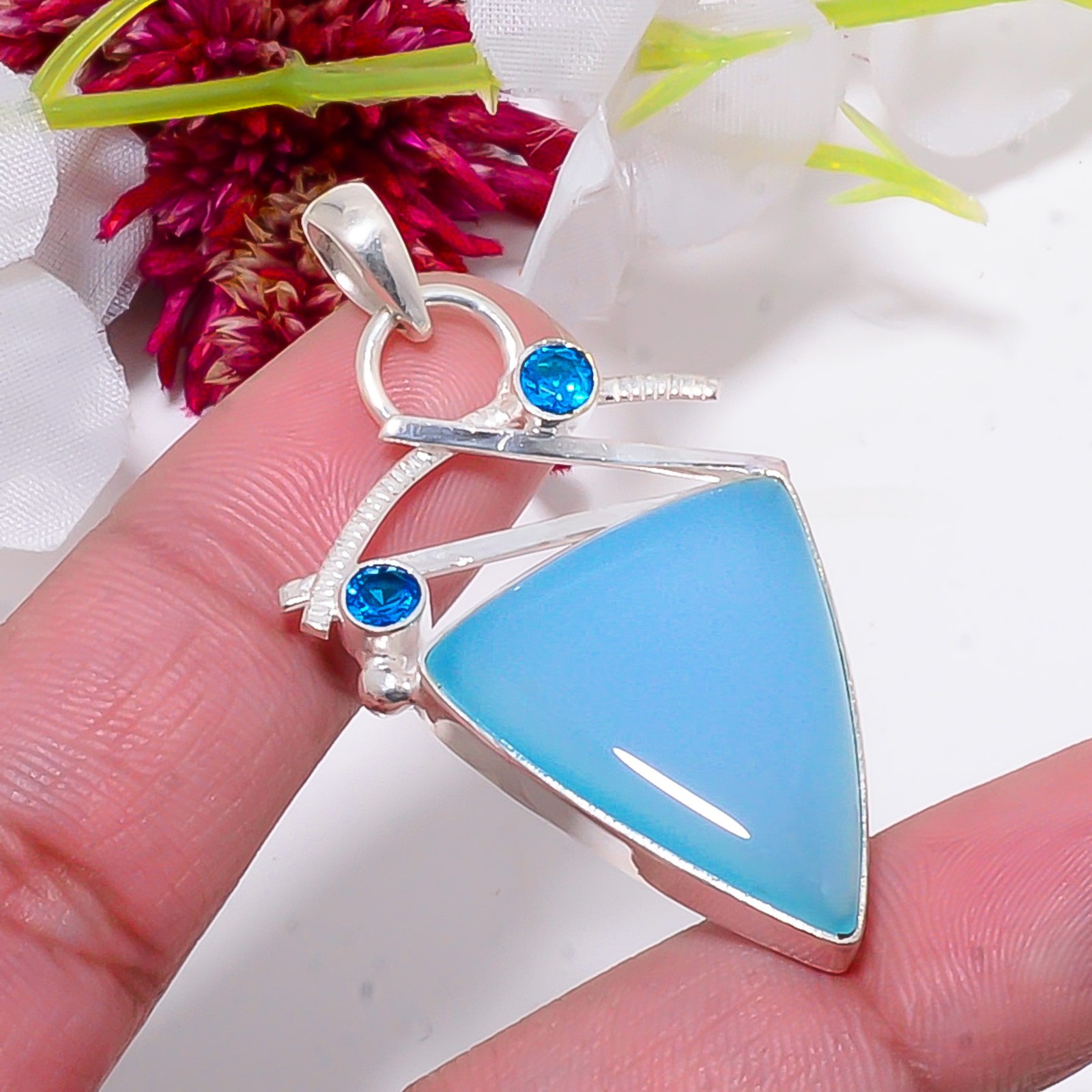 Chalcedony – Brazil & Blue Topaz 925 Sterling Silver Handmade Pendant 2.03″ Su10