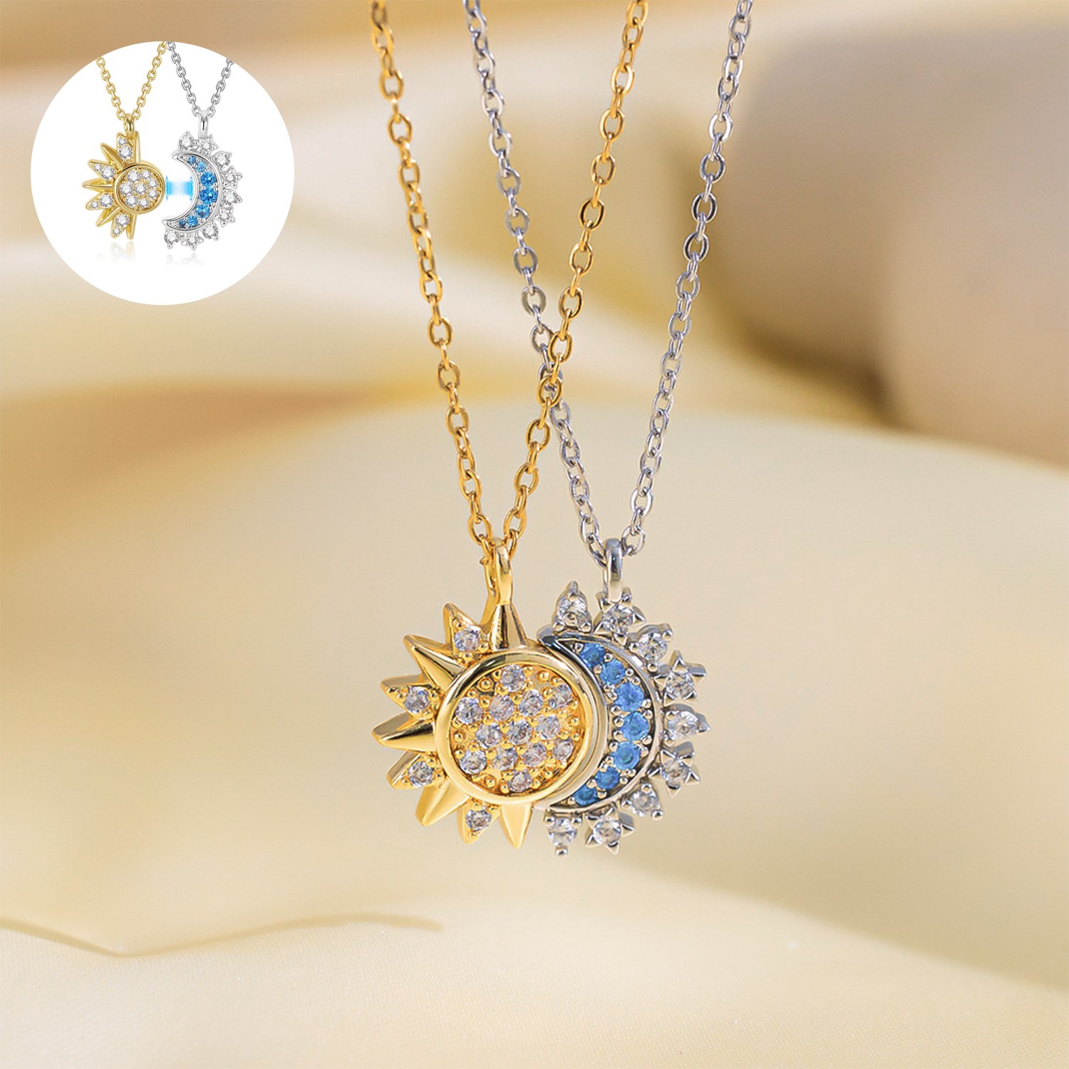 Blue Gemstone Sun & Moon Matching Necklace Set Magnetic & Adjustable Stainless