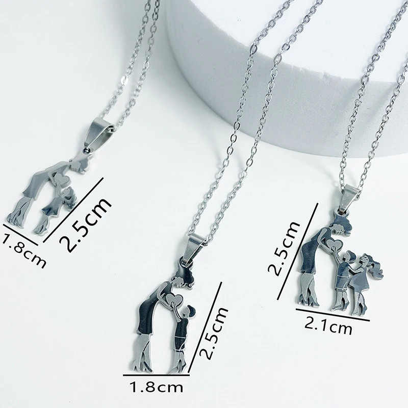 Mother Child Heart Necklace Stainless Steel Family Figure Pendant Jewelry