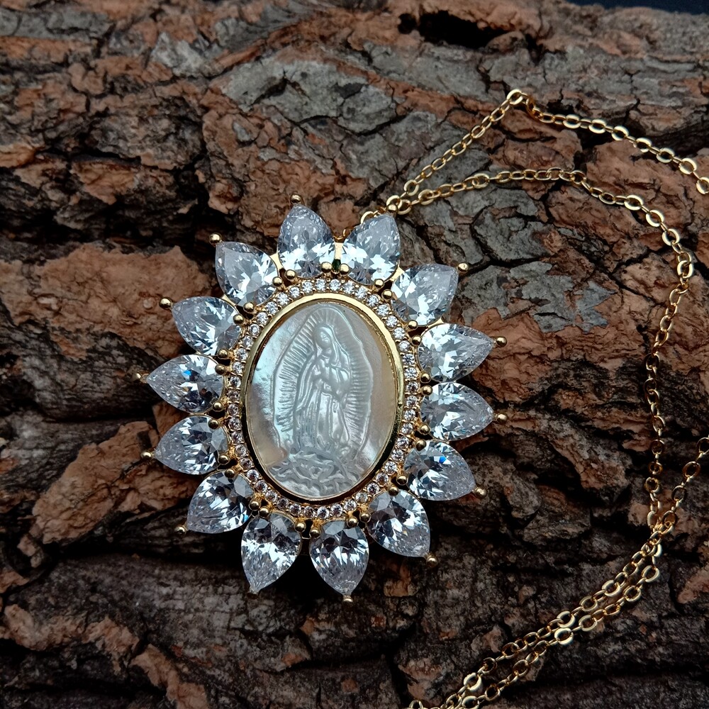 17.5″ White Shell Virgin Mary Clear CZ Micro Pave Oval Shape Pendant Necklace