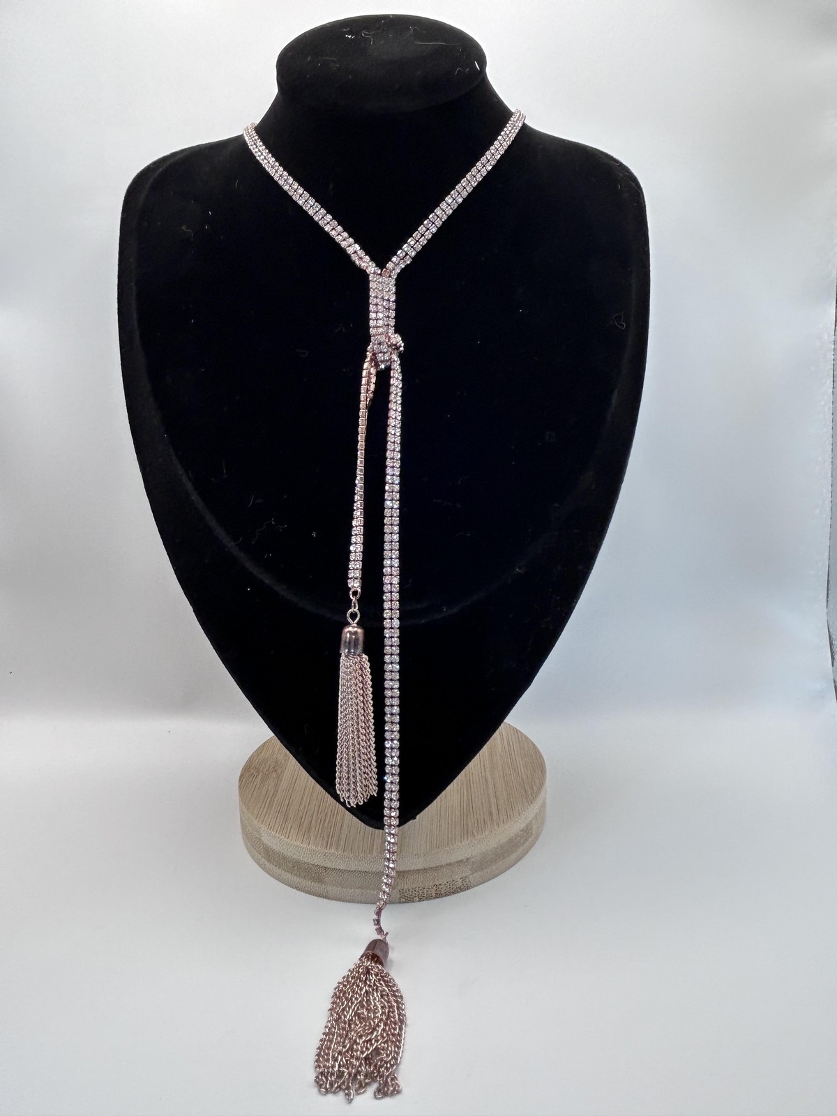 Necklace Gold Tone Rhinestone Lariat Y-Drop Tassel Fringe Crystal Lobster Clasp