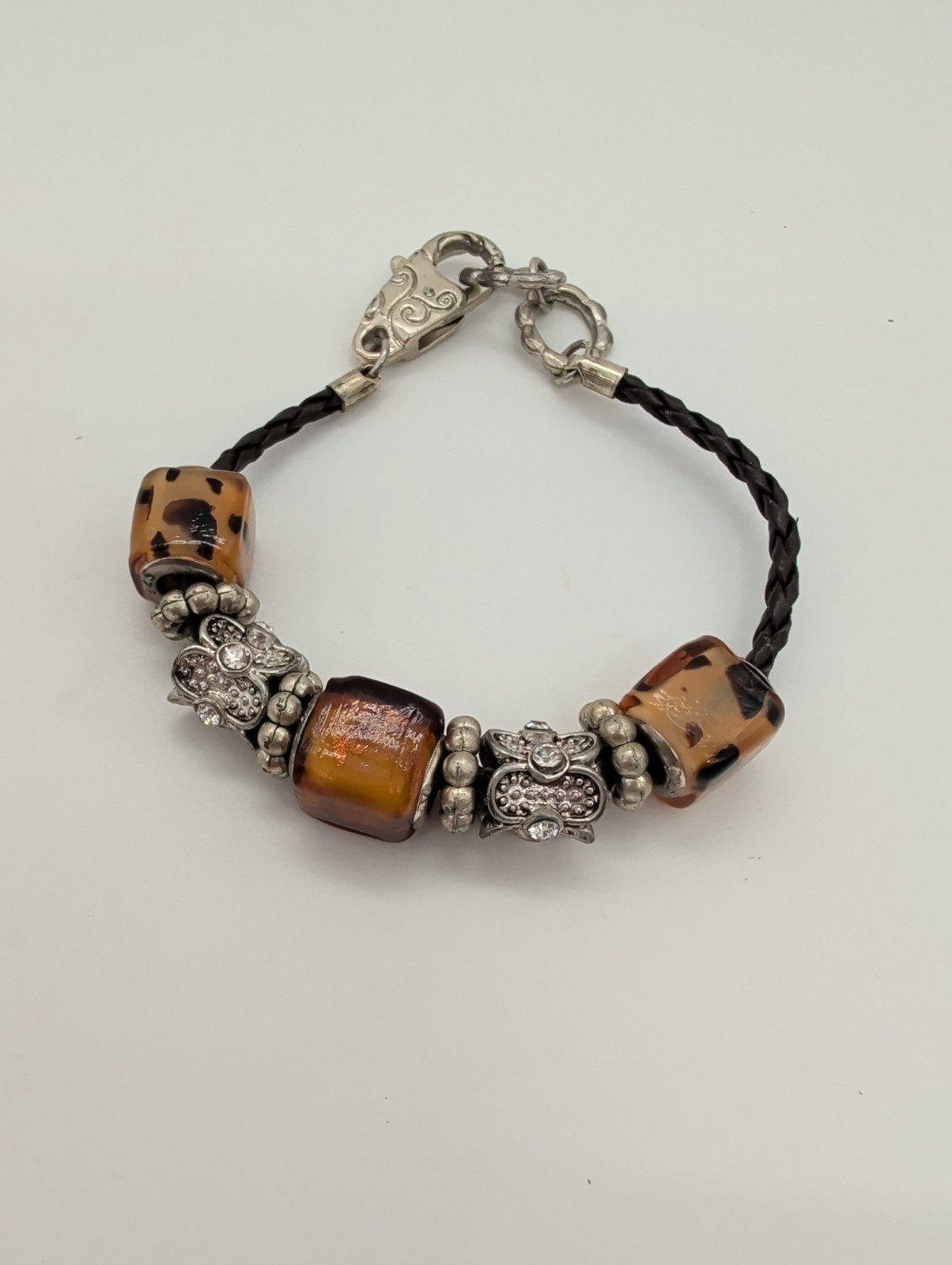 Vintage Persona Sterling Silver 925 Tortoise Shell Glass Charm Bracelet On Brown