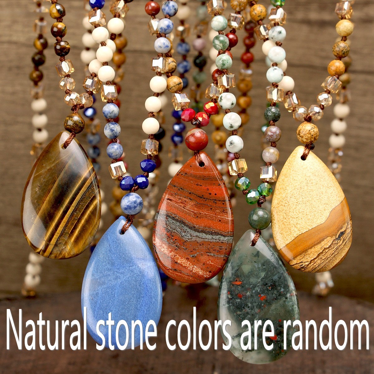 New Vintage Natural Stone Pendant Necklace For Women Knot Necklace Sweater Chain