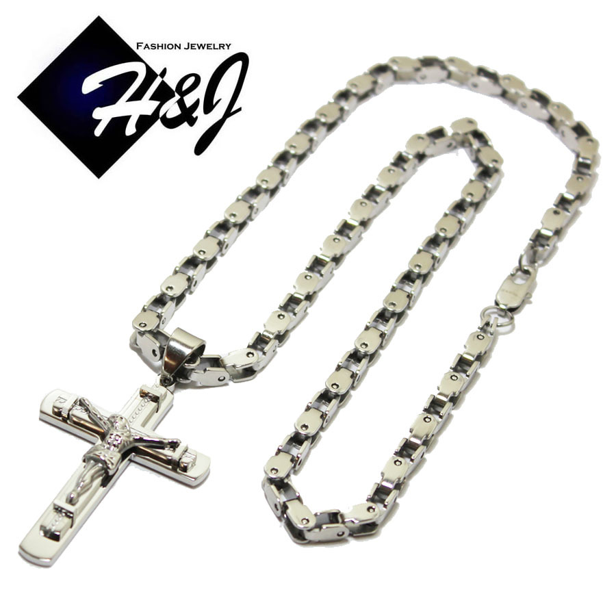 24″MEN’s Stainless Steel 5mm Silver Box Bike Chain Necklace Cross Pendant*SJ