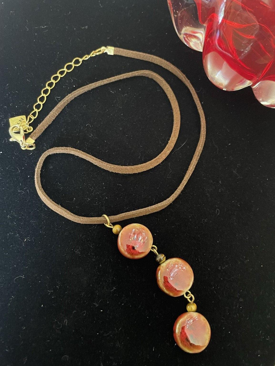 KJK signed Three Red Stones on Brown Rope Necklace. Gift box