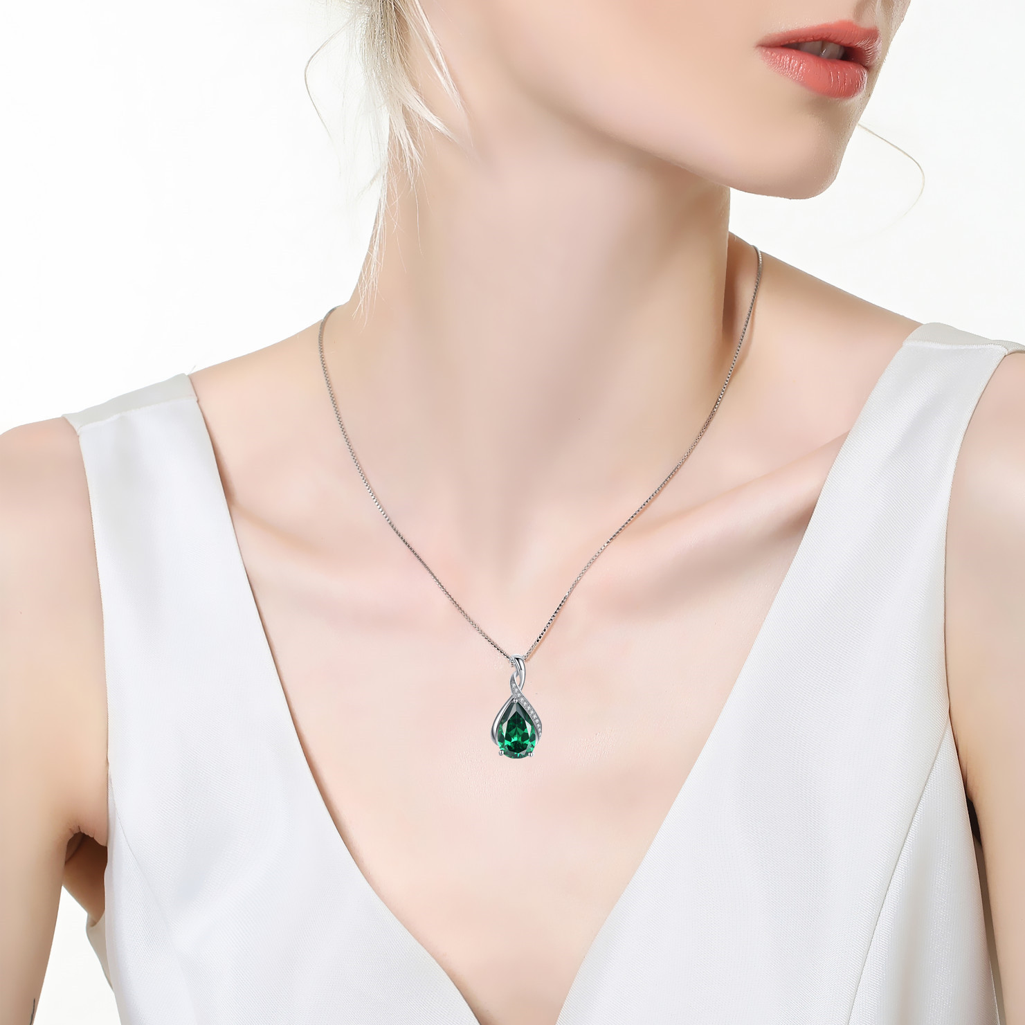 Sterling Silver Pear Simulated Emerald Necklace Pendant Jewelry Gift for Women