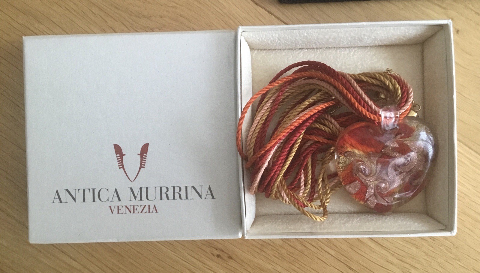 Antica Murrina Venetian Glass Heart Pendant on coloured strings,