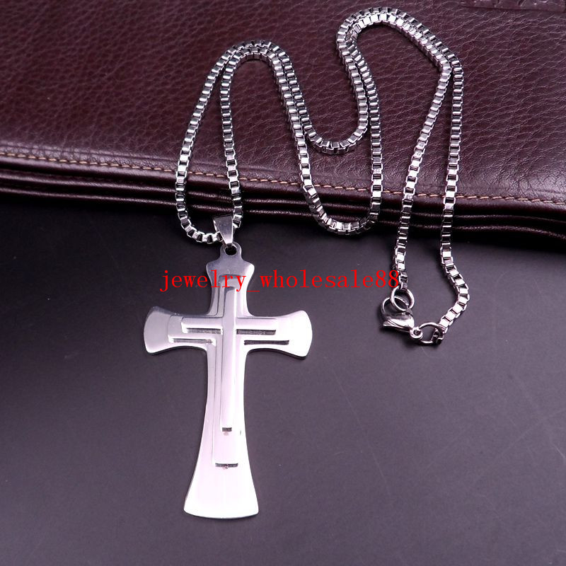 20”-32” Men’s Necklace Stainless steel Large Cross religious Pendant Jewelry