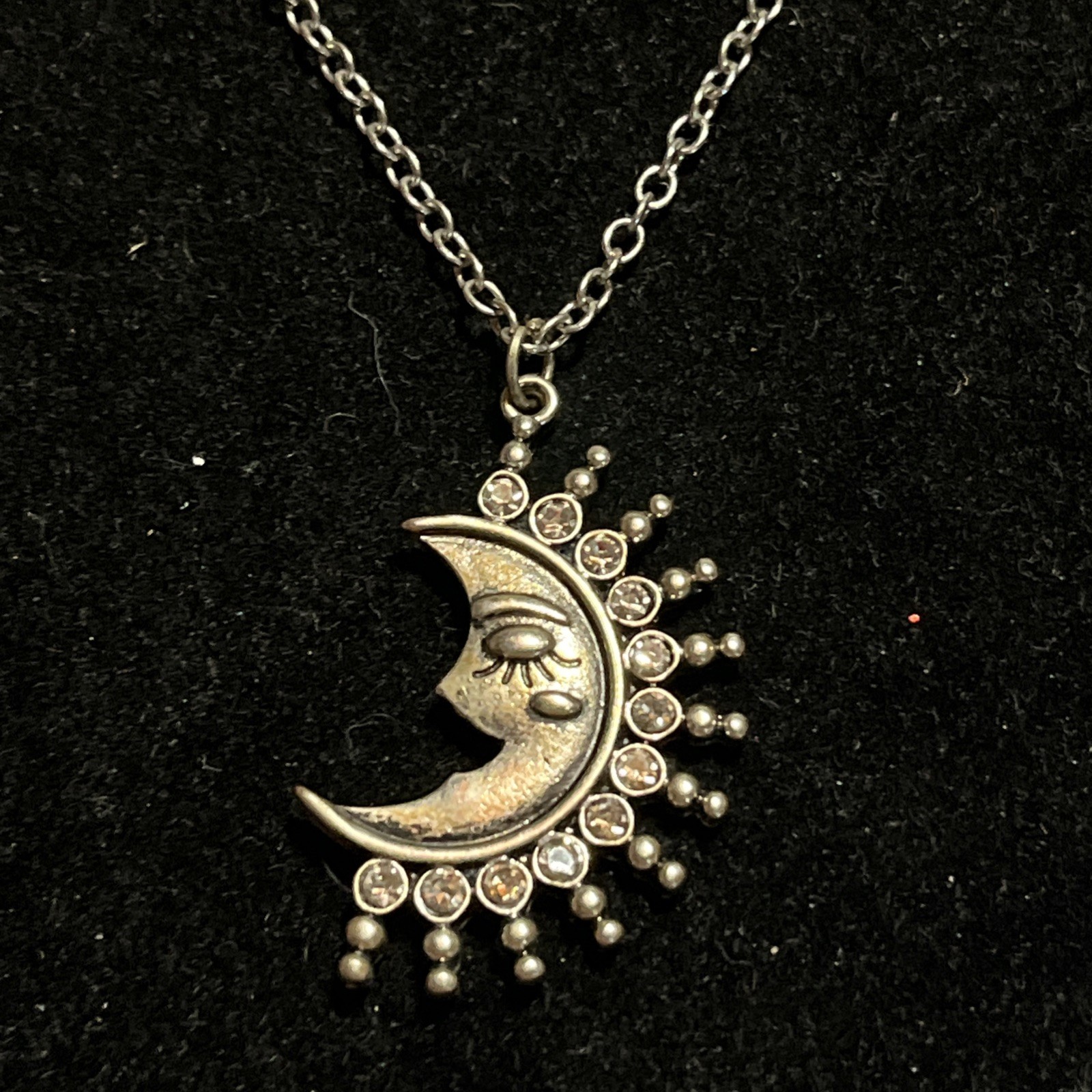 Silver Tone Half Moon Face Celestial Pendant Necklace 22”