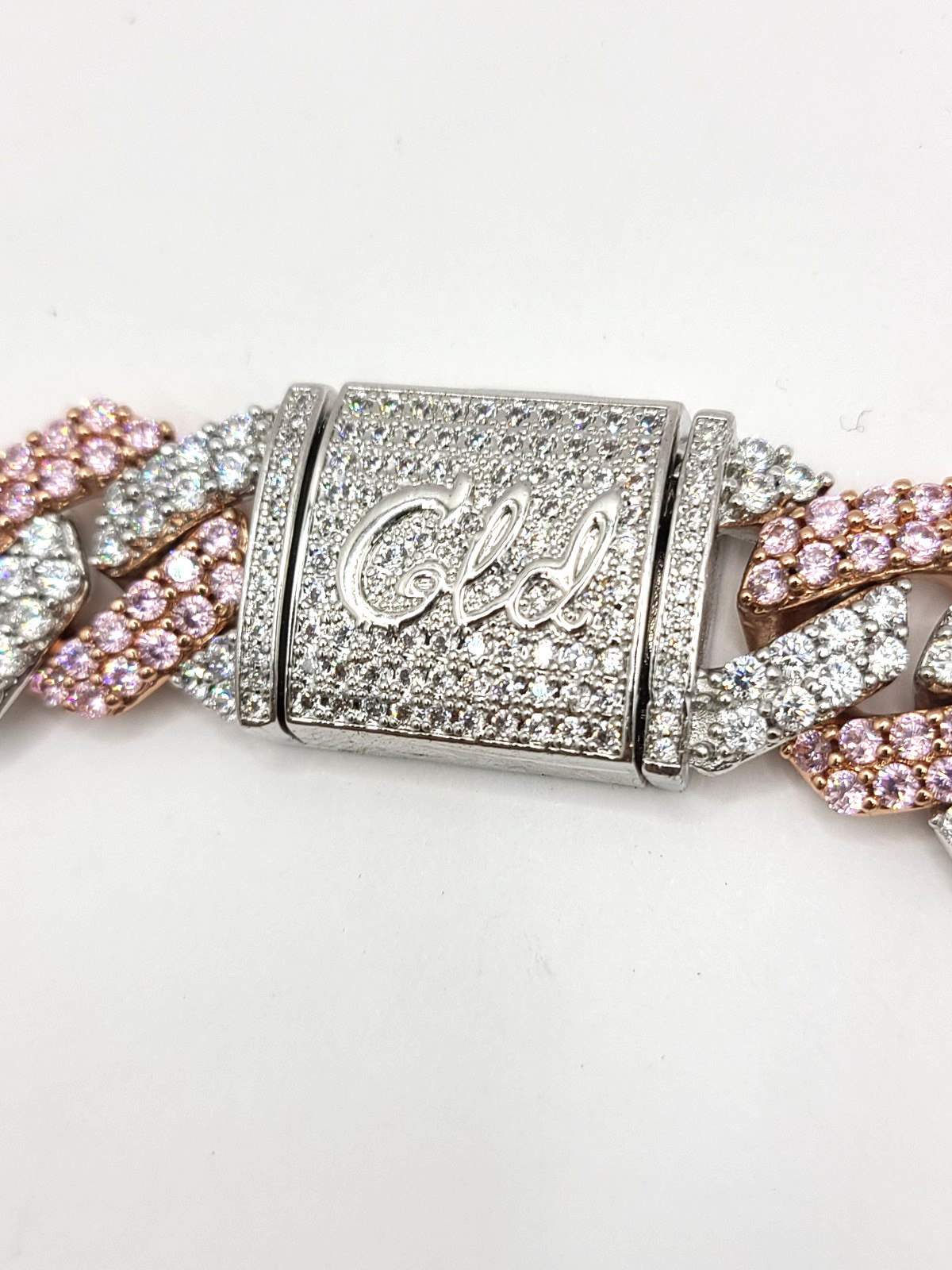 GLD Iced Prong Pink/White Rose Gold 19mm Cuban Chain Link Necklace 18″