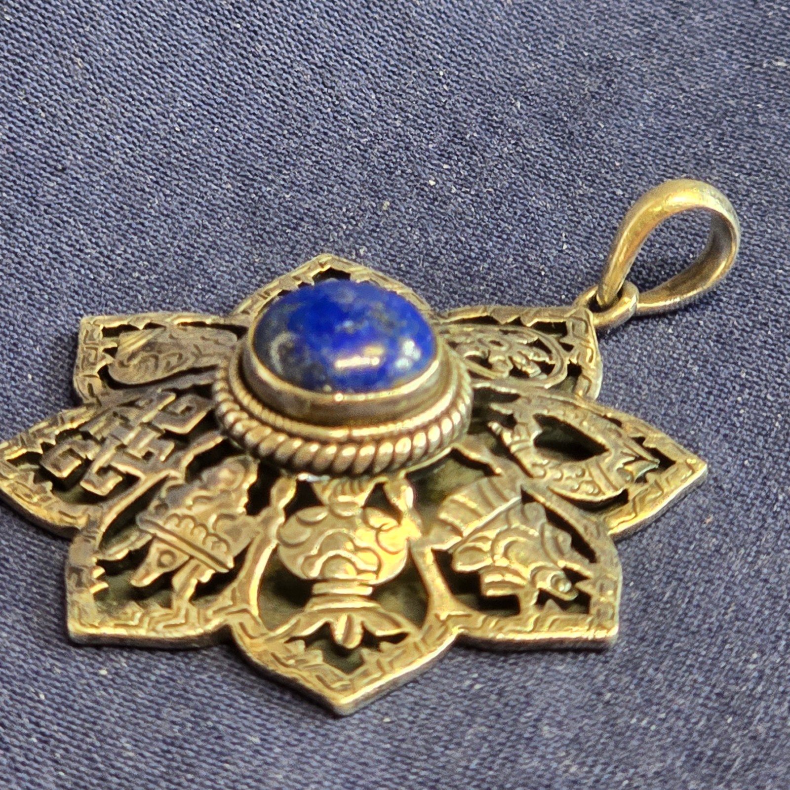 Sterling Silver Pendant 14.93g Jewelry Lapis Look Nepal Symbols Charm *READ*