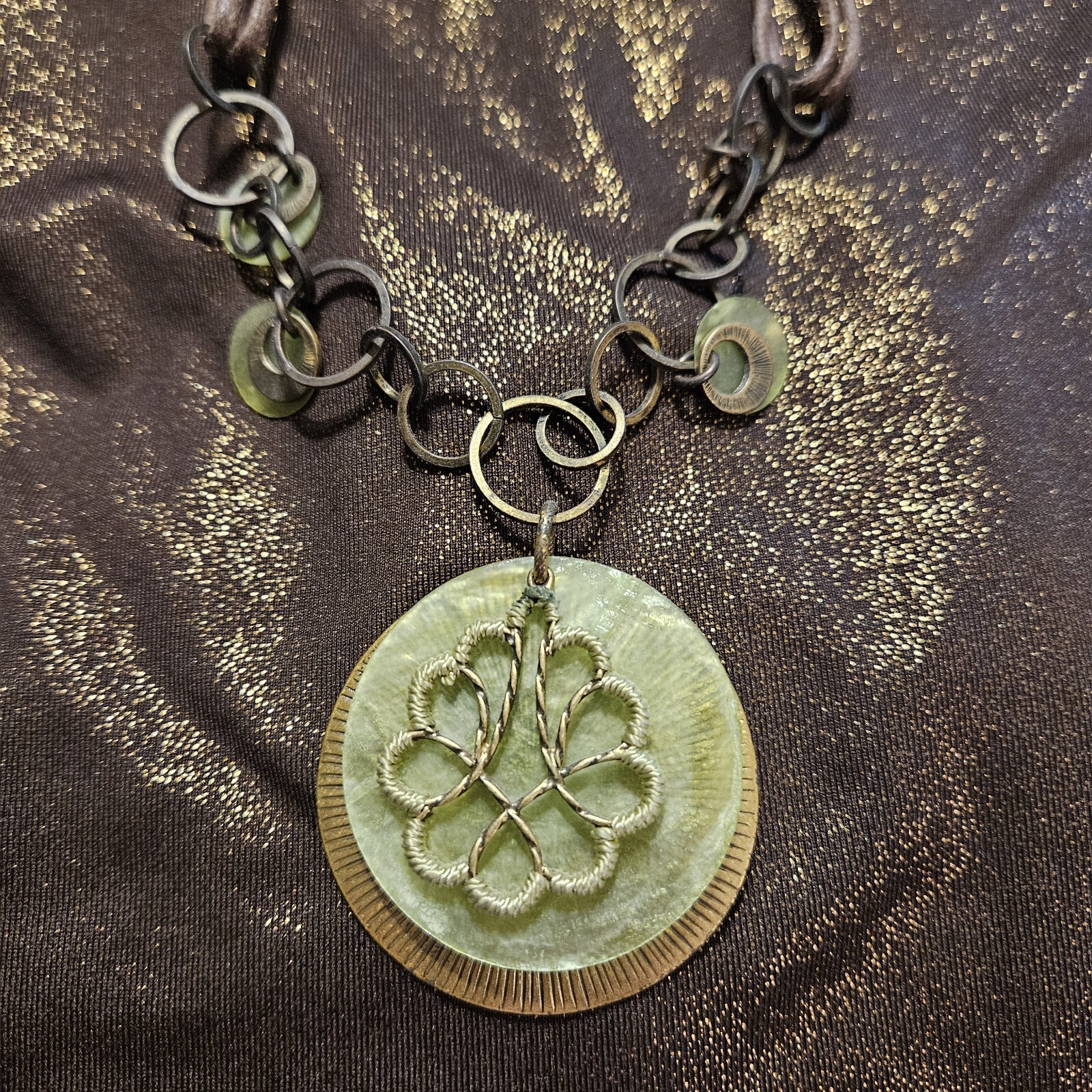 Coldwater Creek 17-19 Inch Green Brown Disc Metal & Cord Adjustable Necklace