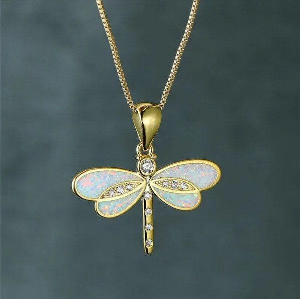 White Opal Dragonfly Gold Pendant Necklace Cyrstal – Beautiful Nature, Elegant