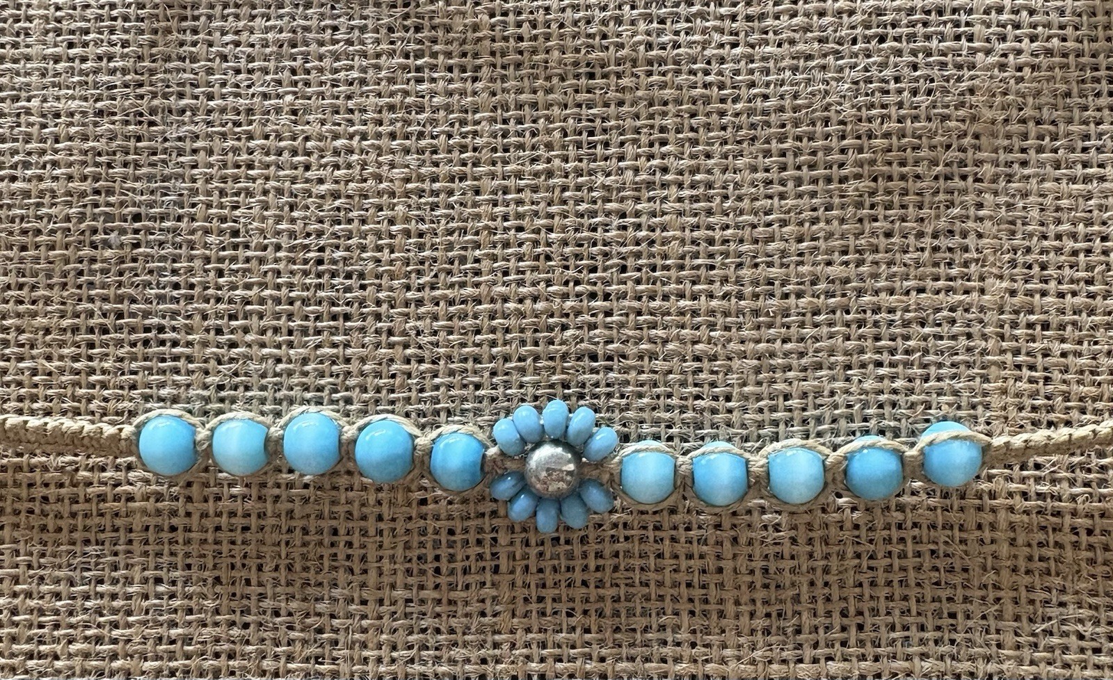 Blue Beige Beaded Choker Necklace Flower Pendant Cord Adjustable Tie Closure