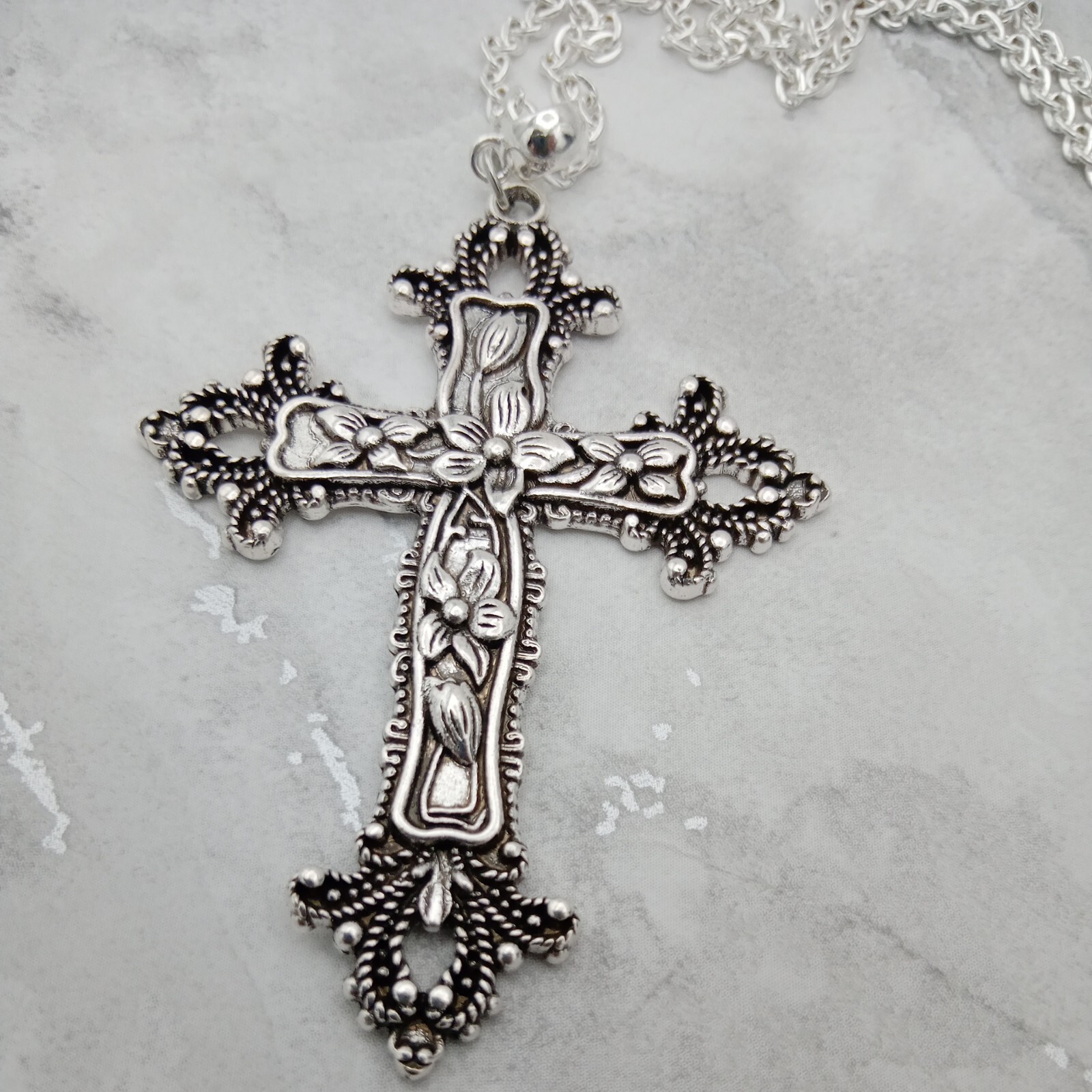 Huge Very Long ornate CROSS Necklace 90cm/36″ chain Large Big Religious Rock