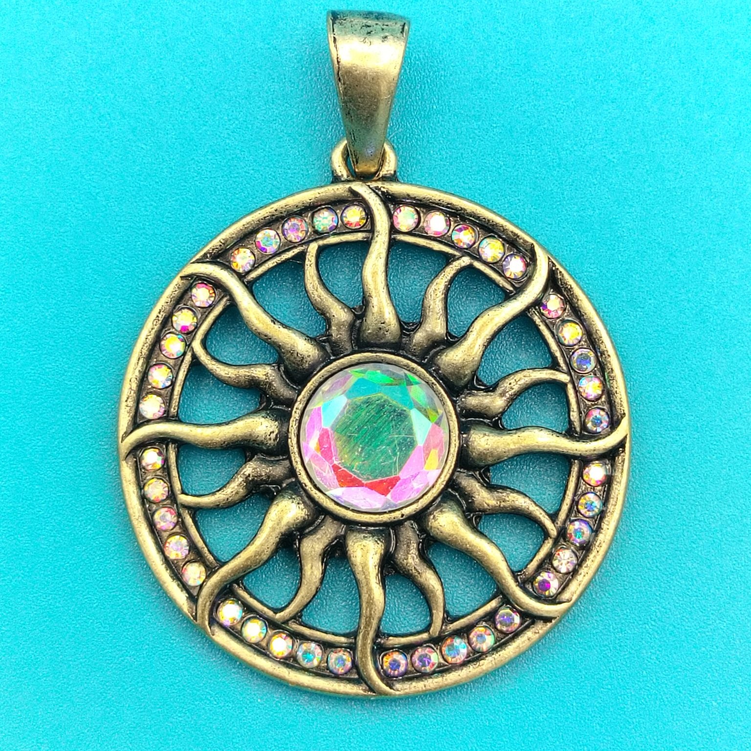 Sunburst Pendant AB Rhinestone Antique Gold Tone Celestial Boho Jewelry