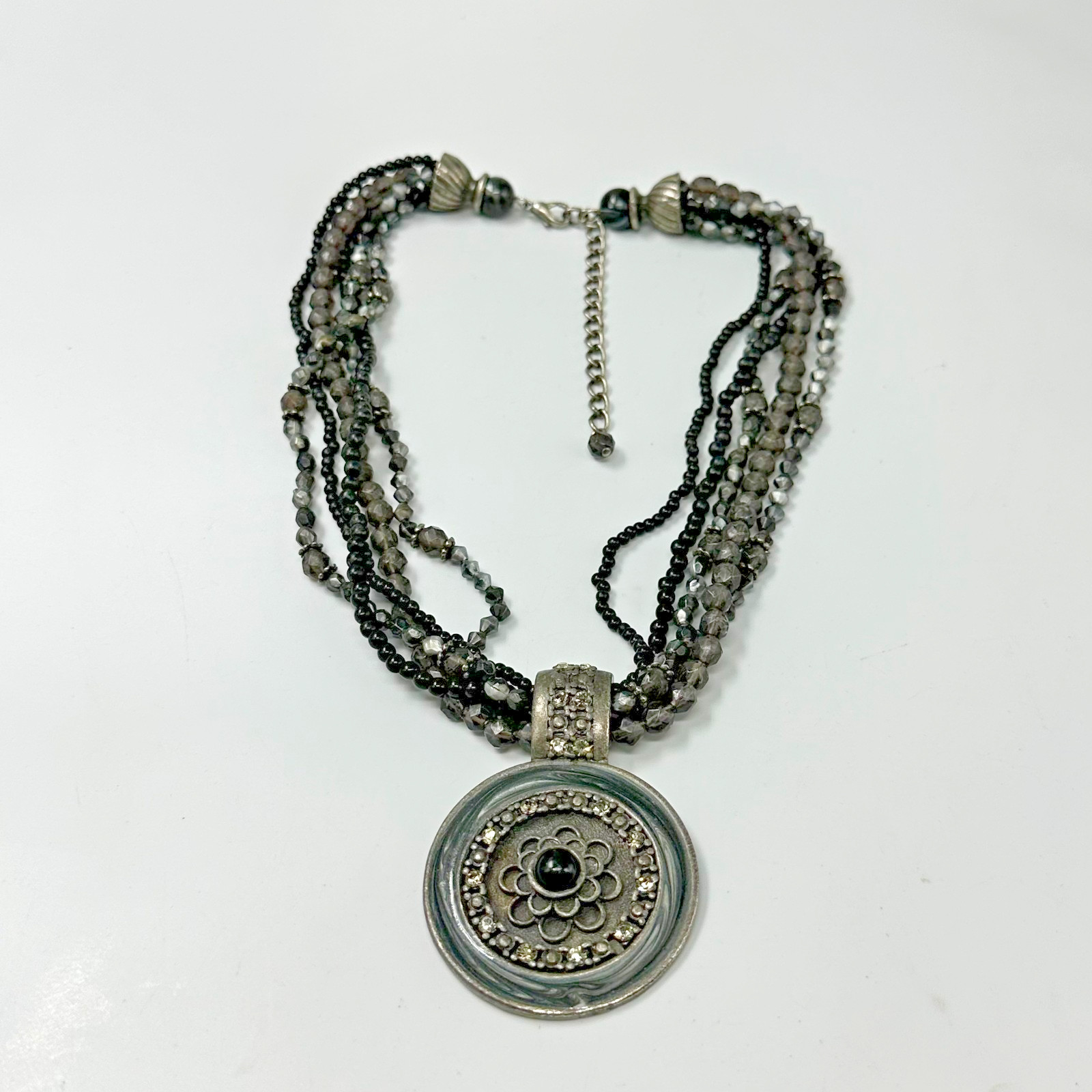 Black Grey Beaded Necklace Round Medallion Multistrand Boho Chic Adjustable